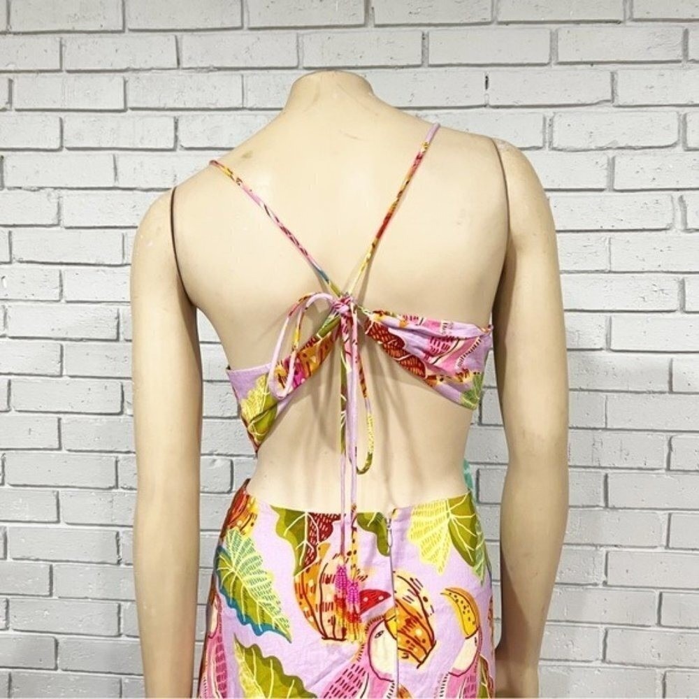 Farm Rio Lilac Beaks and Bananas Print Cutout Midi Dress Button Front Womens | M - Picture 9 of 16